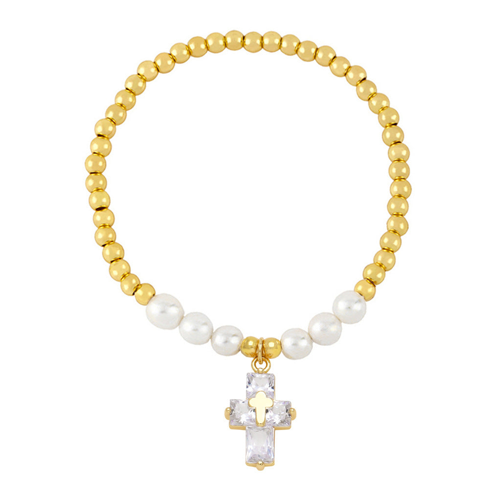 Wholesale Copper Plated Real Gold Cross Pendant Beaded Bracelet